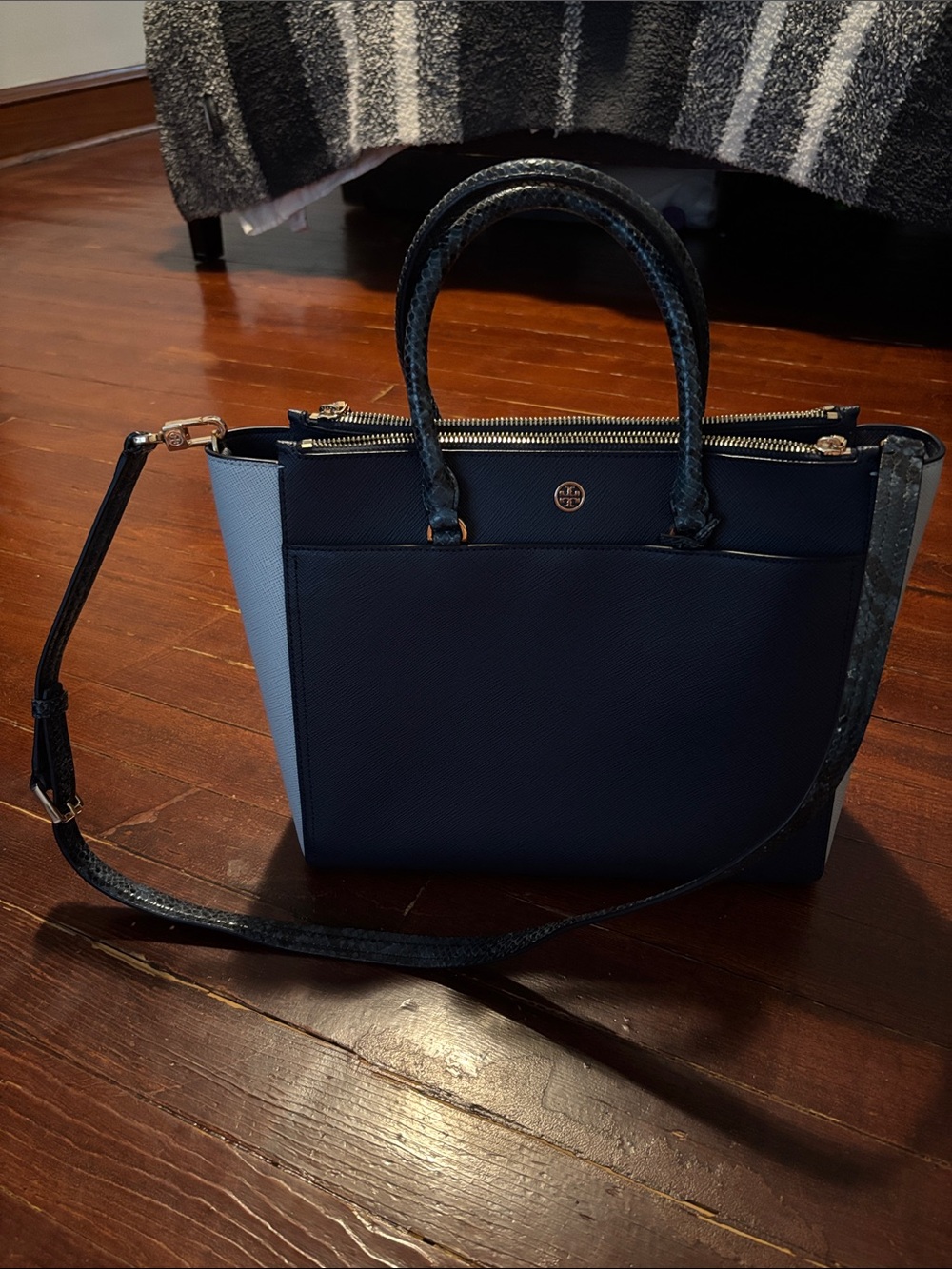 Tory Burch Navy and Light Blue Saffiano Leather Satchel